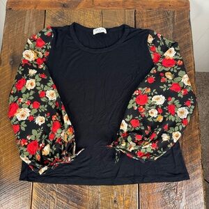 Kim & Cami Black Floral Puff Sleeve Women’s Top Size Small